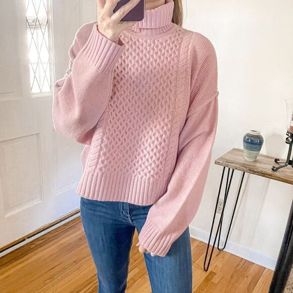 ATM Wool Cable Knit Turtleneck Sweater Blush Pink - Picture 4 of 10